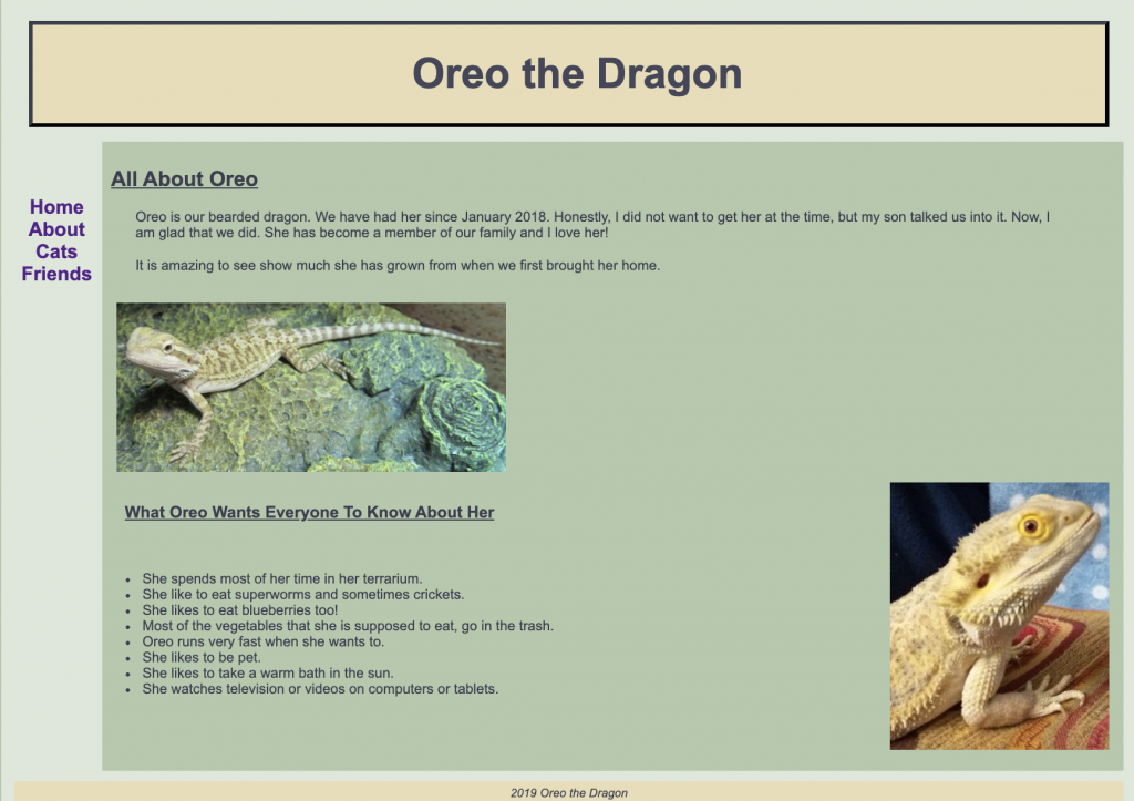 Screenshot of the website featuring Oreo, a bearded dragon.