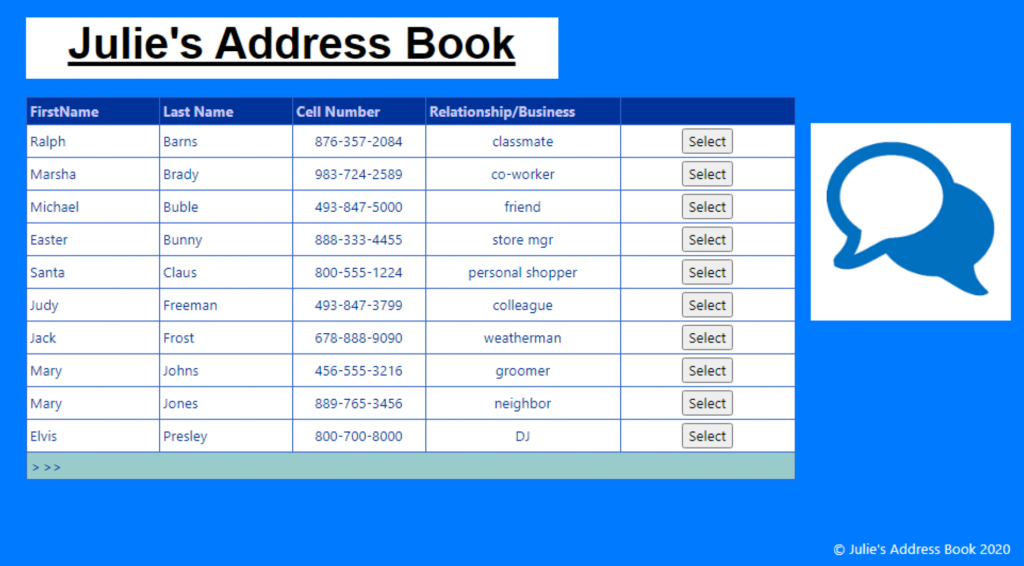 Screenshot of the address book that I created.