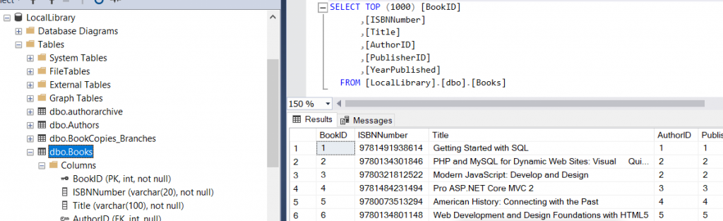 Screenshot showing portion of database layout in SSMS.