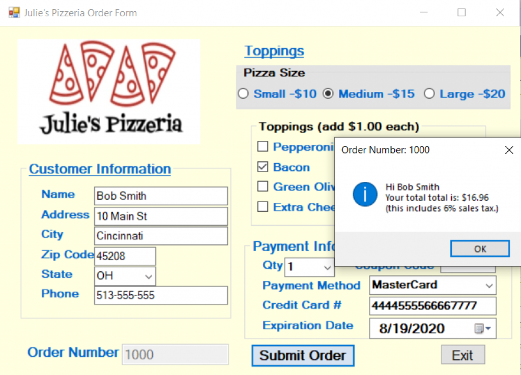 Screenshot of pizza ordering form.